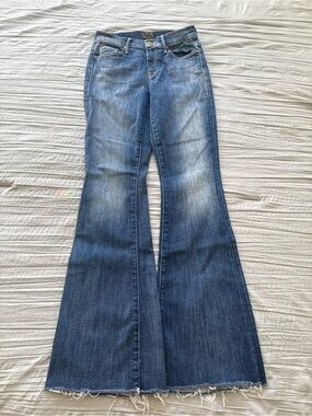 MOTHER Blue High-Rise Flare Jeans with Frayed Hem